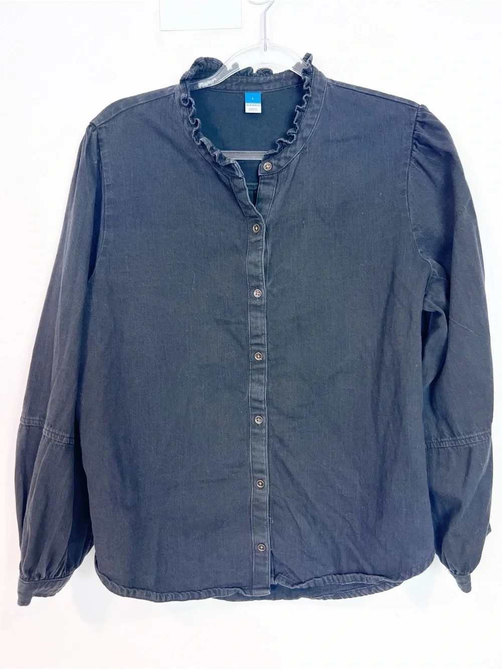 OLD NAVY BLACK LONG PUFF SLEEVE BUTTON FRONT RUFFLE NECKLINE BLOUSE SZ LARGE